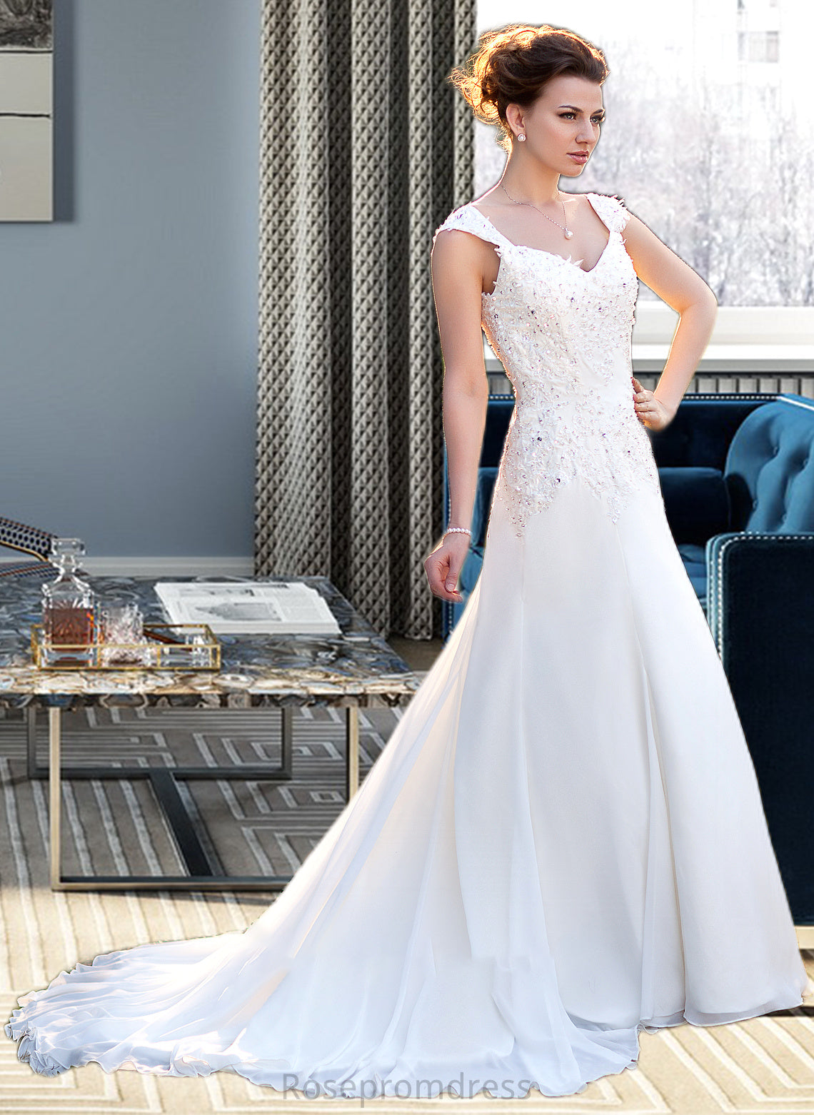 Caitlin A-Line V-neck Court Train Chiffon Wedding Dress With Lace Beading Sequins SRSP0013776