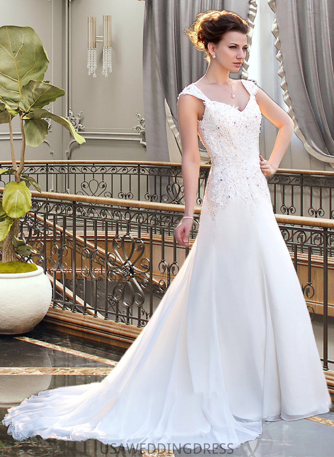 Rachel A-Line V-neck Court Train Chiffon Wedding Dress With Lace Beading Sequins DSP0013776