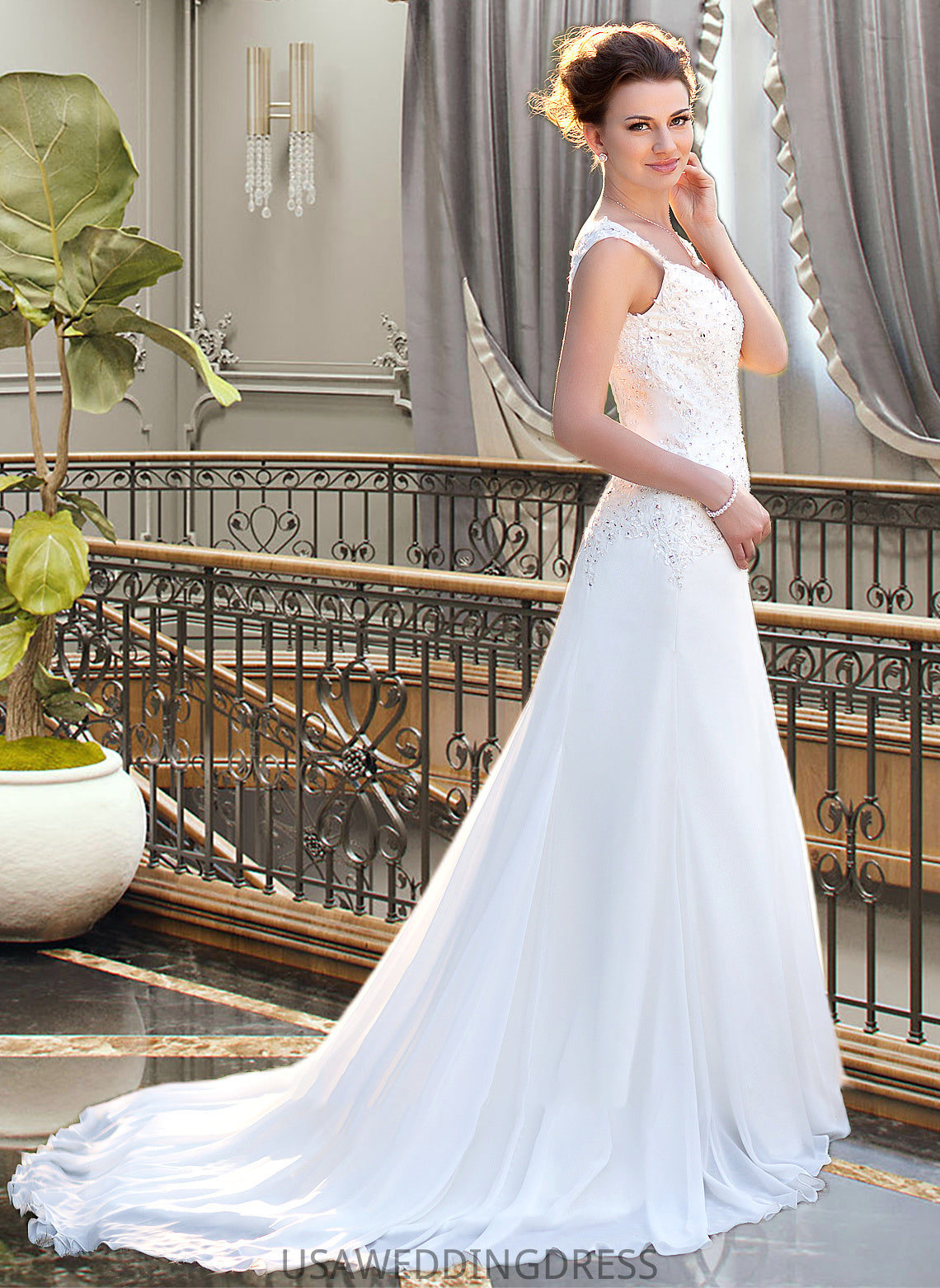 Rachel A-Line V-neck Court Train Chiffon Wedding Dress With Lace Beading Sequins DSP0013776