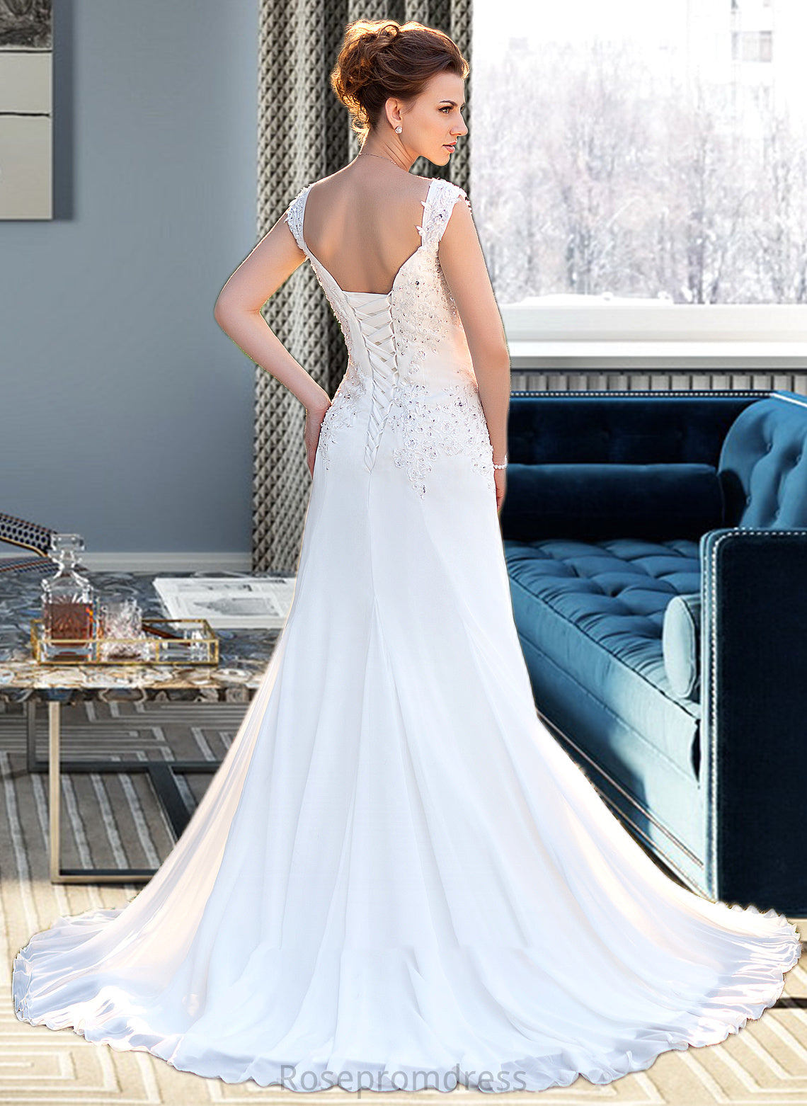 Caitlin A-Line V-neck Court Train Chiffon Wedding Dress With Lace Beading Sequins SRSP0013776