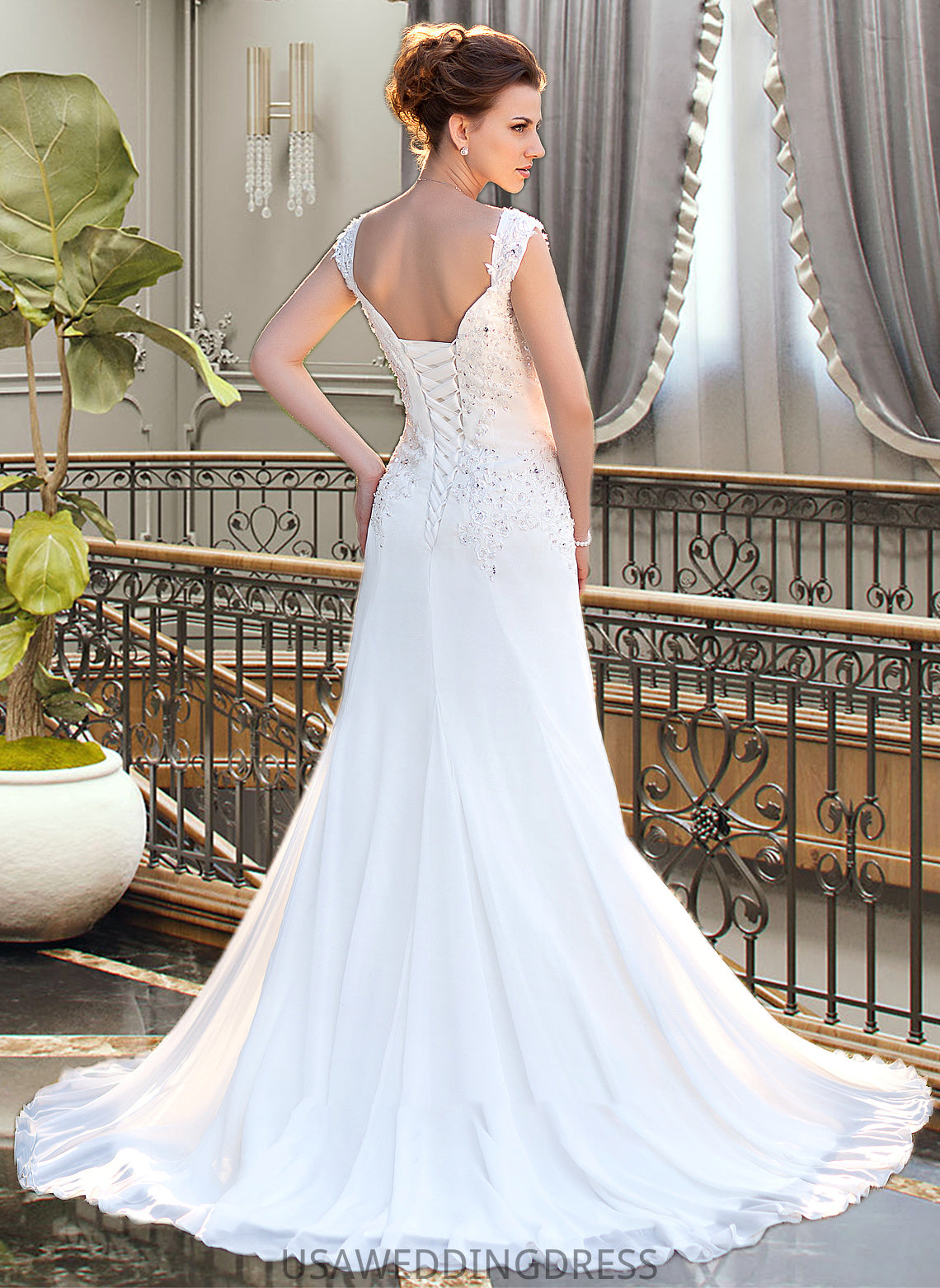 Rachel A-Line V-neck Court Train Chiffon Wedding Dress With Lace Beading Sequins DSP0013776