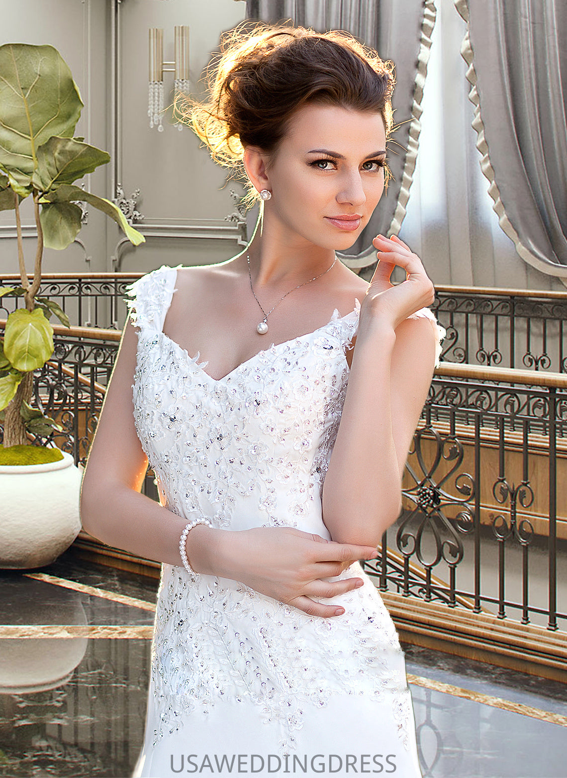 Rachel A-Line V-neck Court Train Chiffon Wedding Dress With Lace Beading Sequins DSP0013776