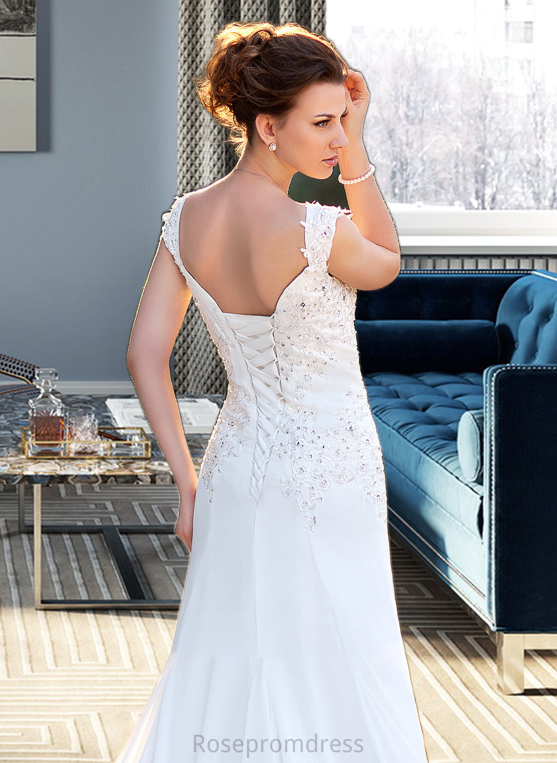 Caitlin A-Line V-neck Court Train Chiffon Wedding Dress With Lace Beading Sequins SRSP0013776