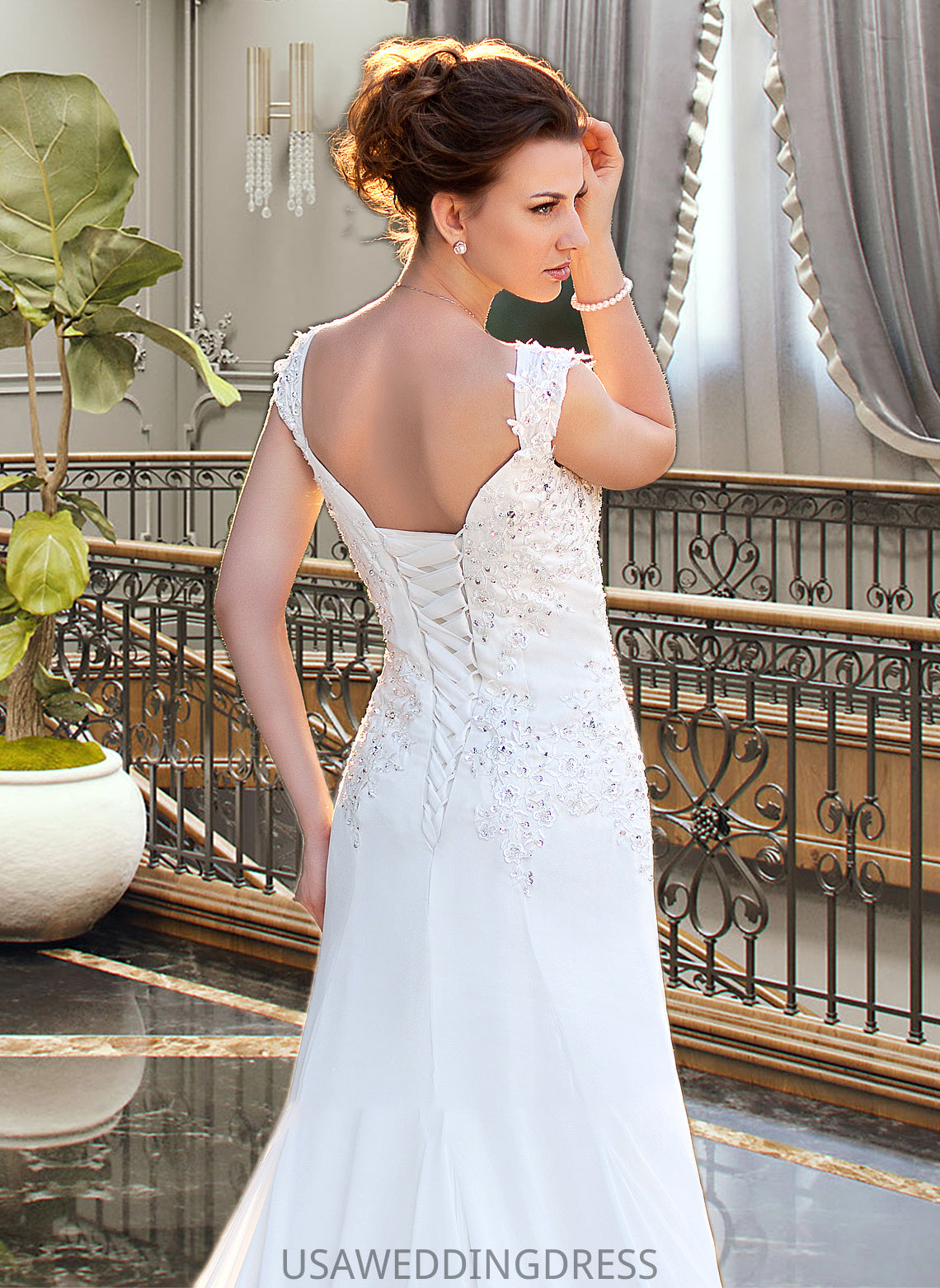 Rachel A-Line V-neck Court Train Chiffon Wedding Dress With Lace Beading Sequins DSP0013776