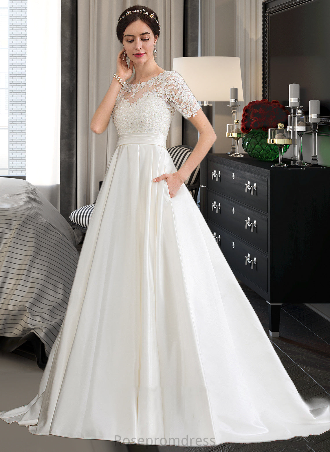 Micaela Ball-Gown/Princess Scoop Neck Court Train Satin Wedding Dress With Beading Sequins Pockets SRSP0013777