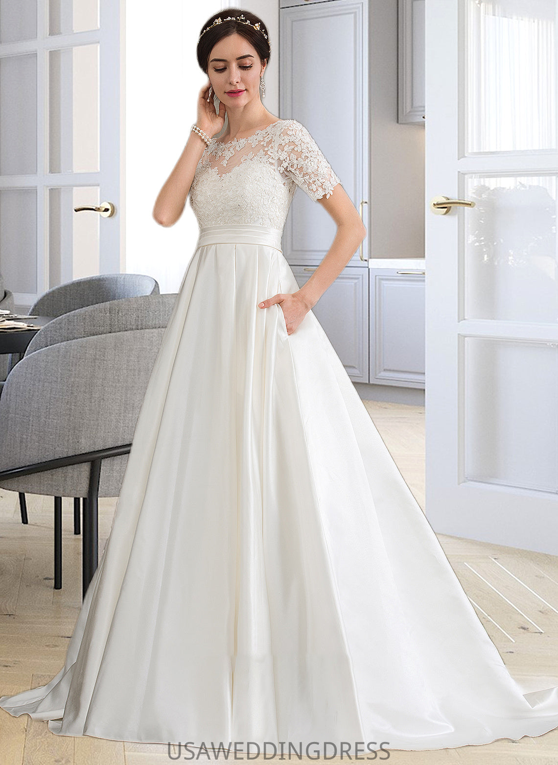 Taniya Ball-Gown/Princess Scoop Neck Court Train Satin Wedding Dress With Beading Sequins Pockets DSP0013777