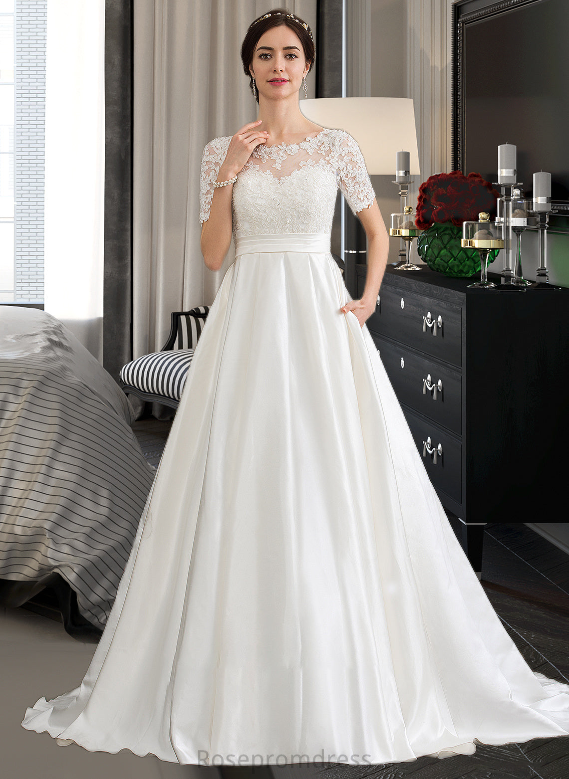 Micaela Ball-Gown/Princess Scoop Neck Court Train Satin Wedding Dress With Beading Sequins Pockets SRSP0013777