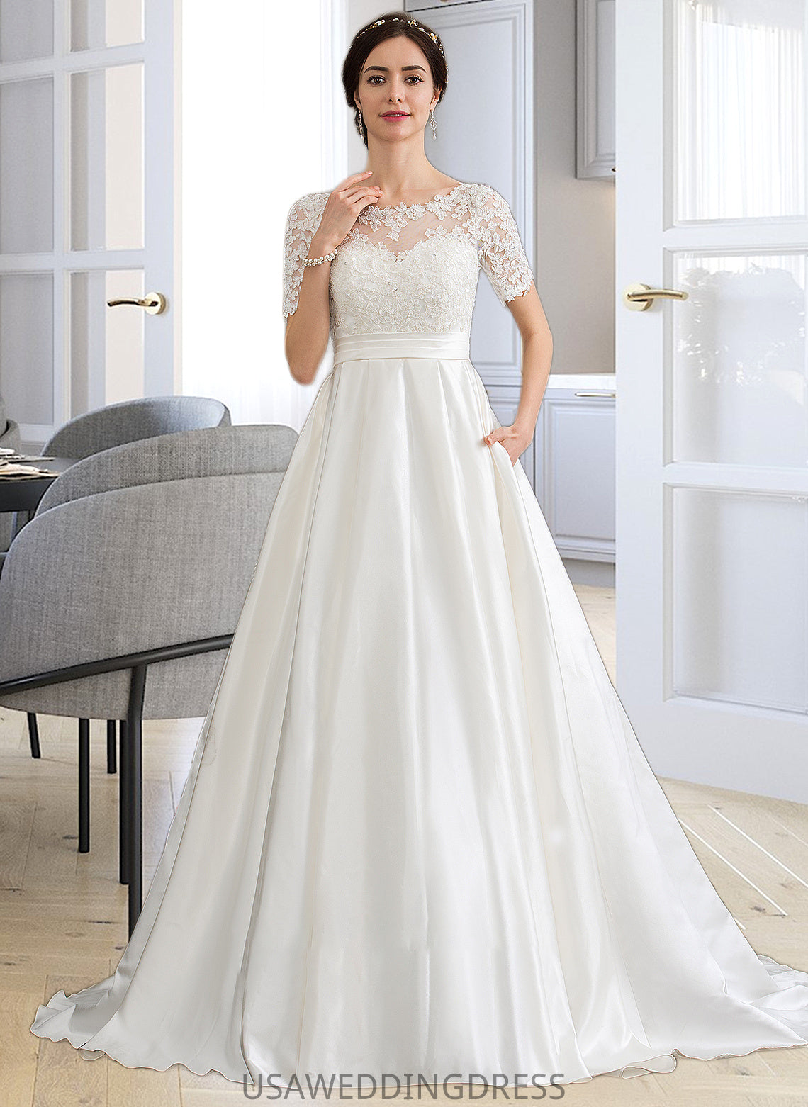 Taniya Ball-Gown/Princess Scoop Neck Court Train Satin Wedding Dress With Beading Sequins Pockets DSP0013777