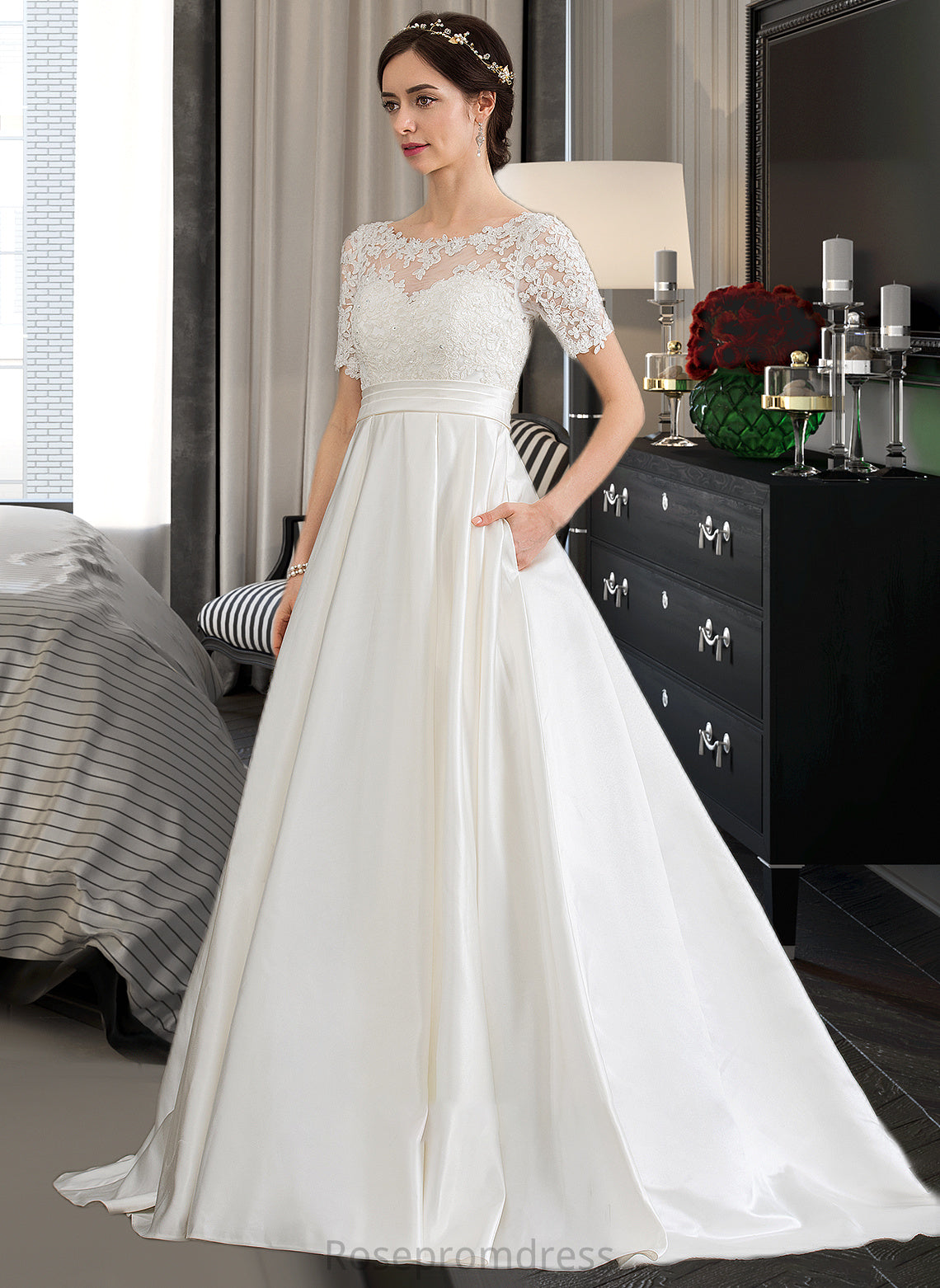 Micaela Ball-Gown/Princess Scoop Neck Court Train Satin Wedding Dress With Beading Sequins Pockets SRSP0013777