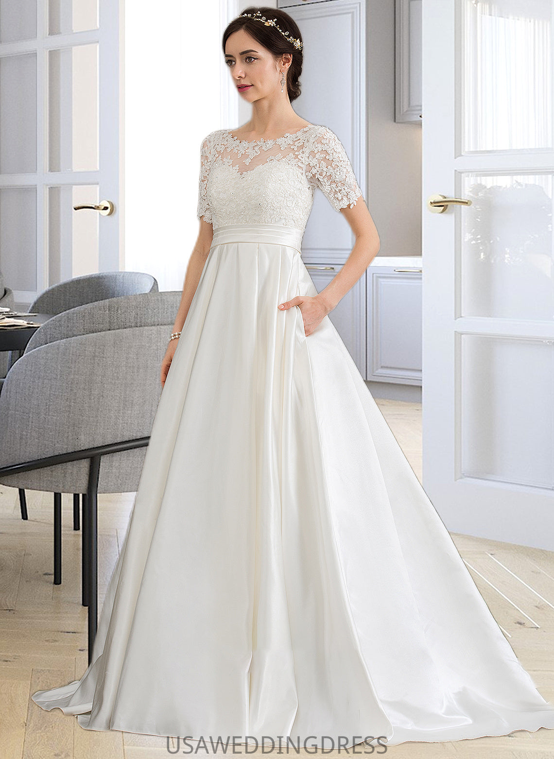 Taniya Ball-Gown/Princess Scoop Neck Court Train Satin Wedding Dress With Beading Sequins Pockets DSP0013777