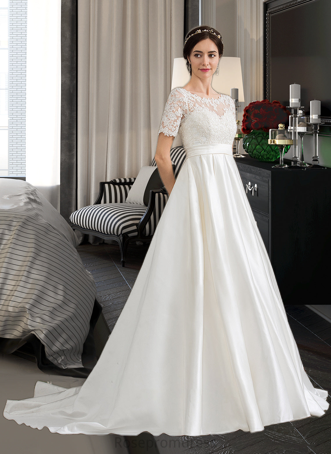 Micaela Ball-Gown/Princess Scoop Neck Court Train Satin Wedding Dress With Beading Sequins Pockets SRSP0013777