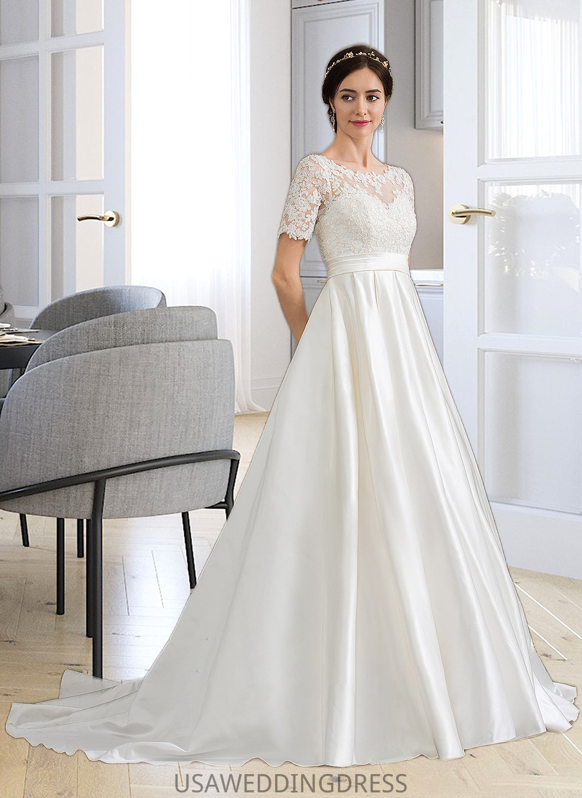 Taniya Ball-Gown/Princess Scoop Neck Court Train Satin Wedding Dress With Beading Sequins Pockets DSP0013777