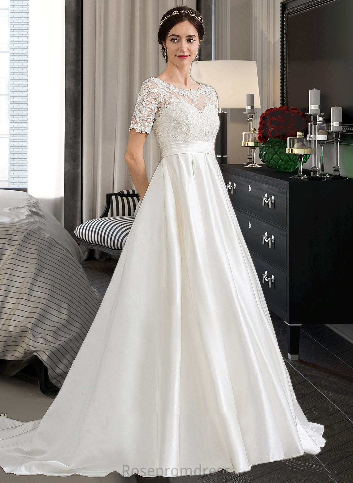 Micaela Ball-Gown/Princess Scoop Neck Court Train Satin Wedding Dress With Beading Sequins Pockets SRSP0013777