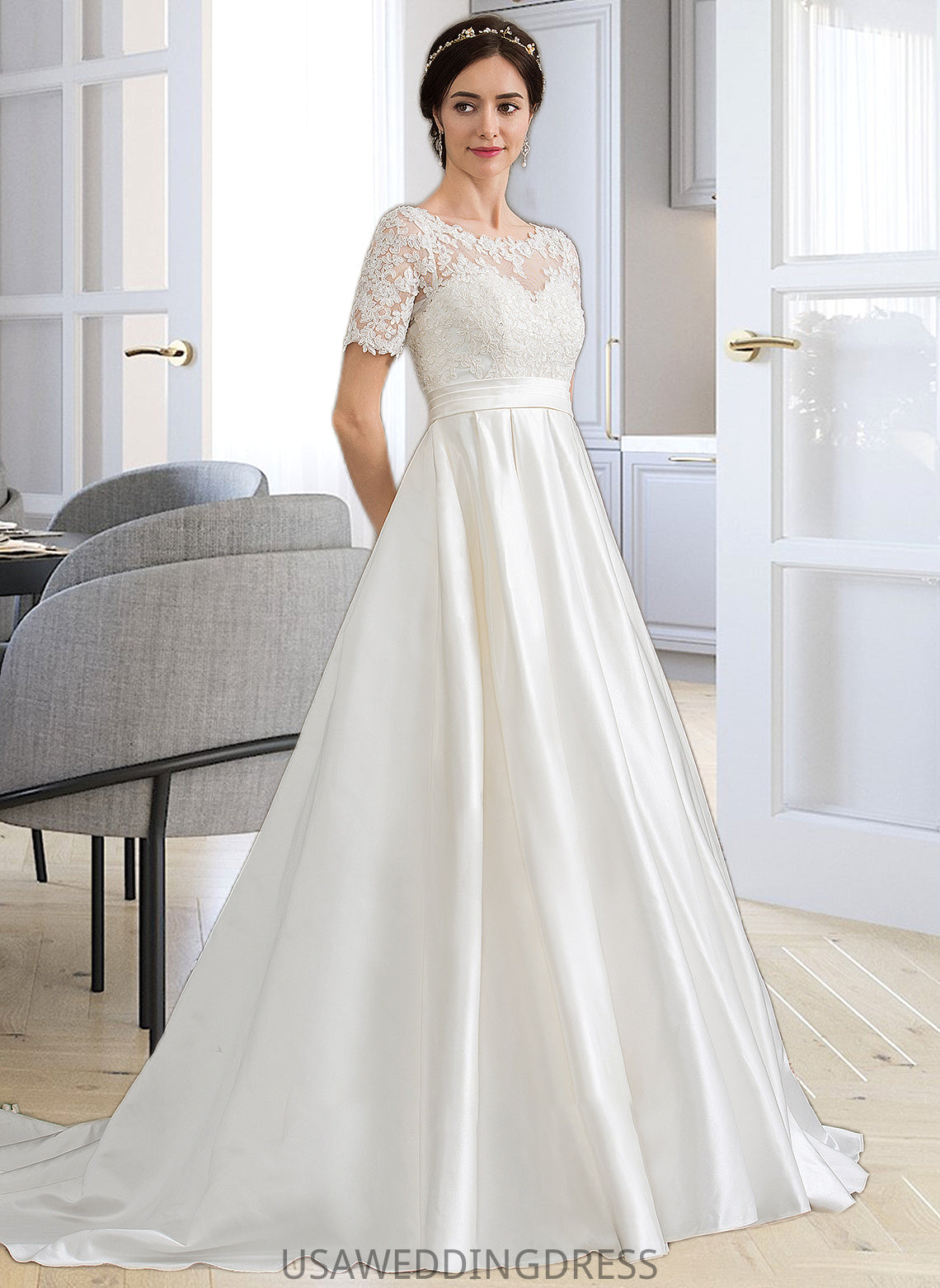 Taniya Ball-Gown/Princess Scoop Neck Court Train Satin Wedding Dress With Beading Sequins Pockets DSP0013777