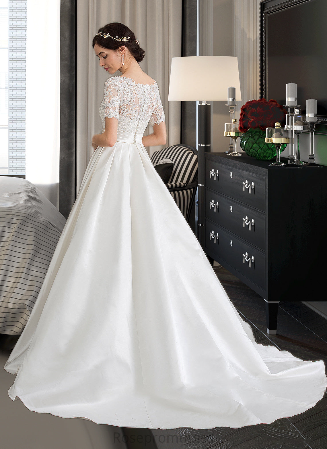 Micaela Ball-Gown/Princess Scoop Neck Court Train Satin Wedding Dress With Beading Sequins Pockets SRSP0013777