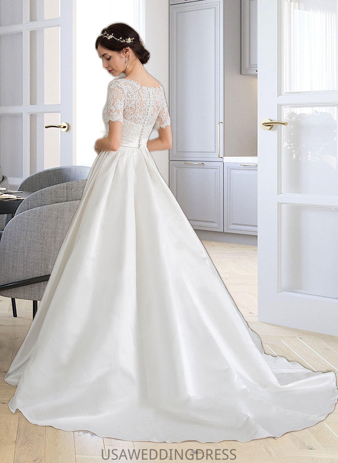 Taniya Ball-Gown/Princess Scoop Neck Court Train Satin Wedding Dress With Beading Sequins Pockets DSP0013777