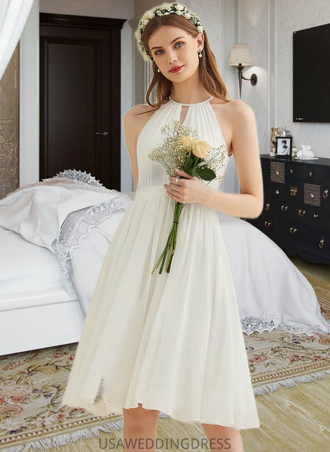 Aracely A-Line Knee-Length Chiffon Wedding Dress DSP0013778