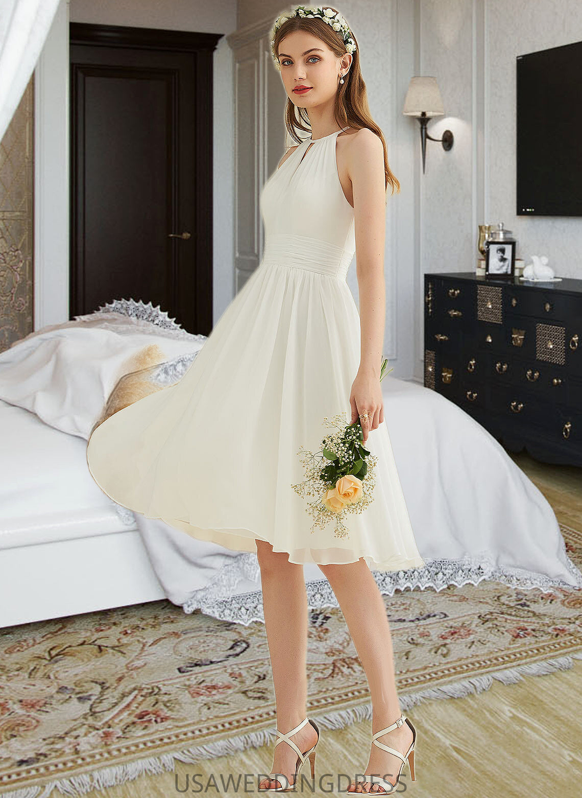 Aracely A-Line Knee-Length Chiffon Wedding Dress DSP0013778