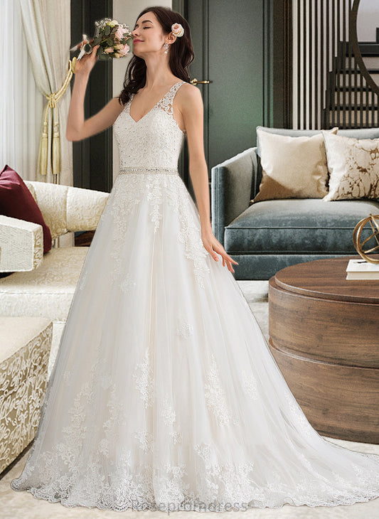 Celeste Ball-Gown/Princess V-neck Court Train Tulle Wedding Dress With Beading Sequins SRSP0013779