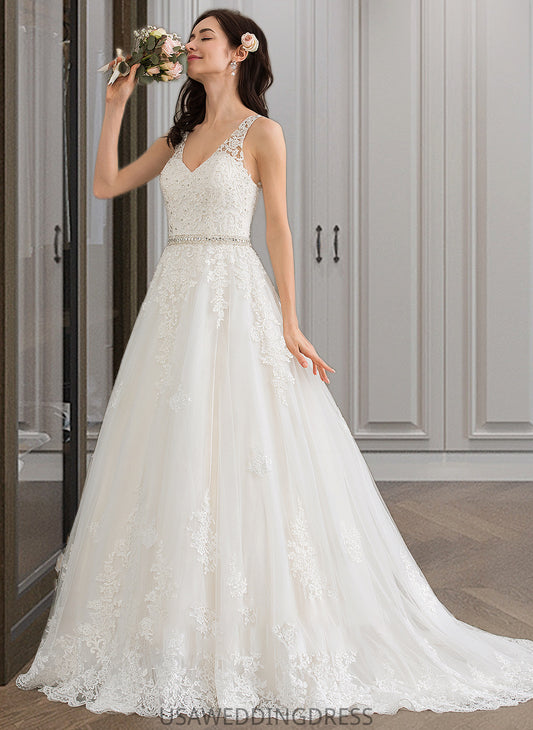 Nina Ball-Gown/Princess V-neck Court Train Tulle Wedding Dress With Beading Sequins DSP0013779