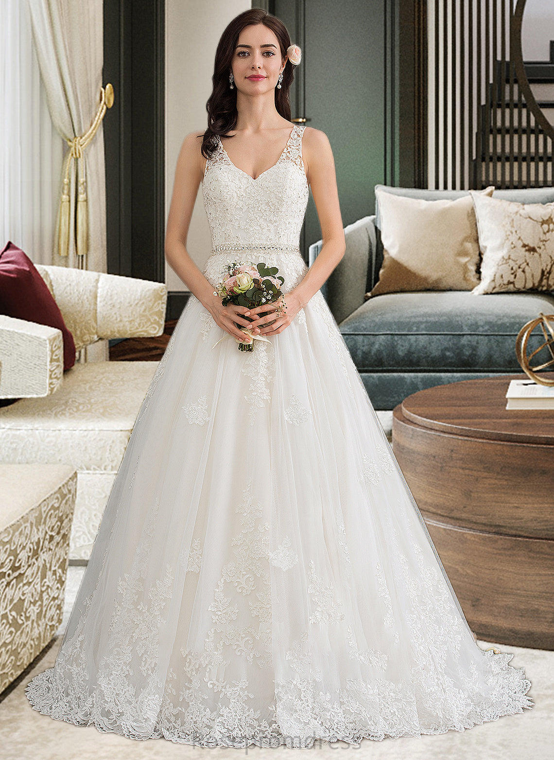 Celeste Ball-Gown/Princess V-neck Court Train Tulle Wedding Dress With Beading Sequins SRSP0013779