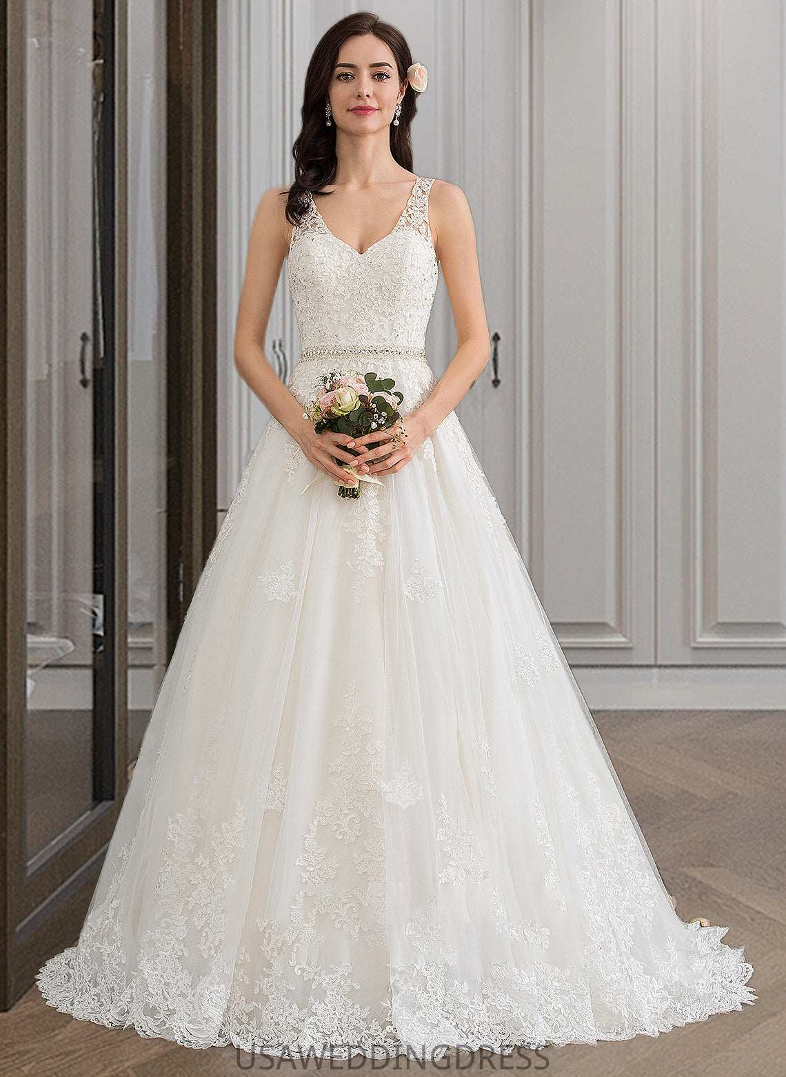 Nina Ball-Gown/Princess V-neck Court Train Tulle Wedding Dress With Beading Sequins DSP0013779