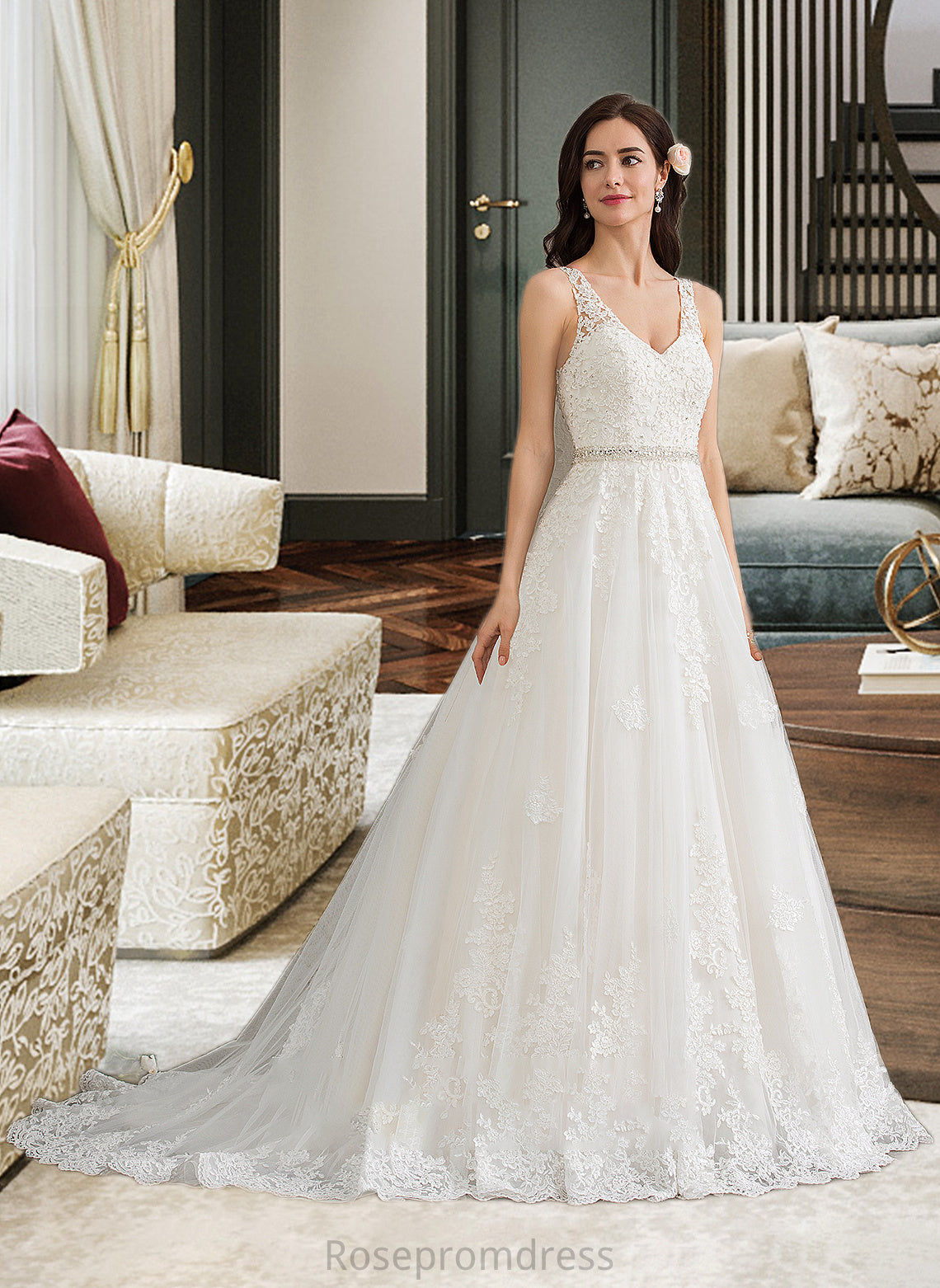 Celeste Ball-Gown/Princess V-neck Court Train Tulle Wedding Dress With Beading Sequins SRSP0013779