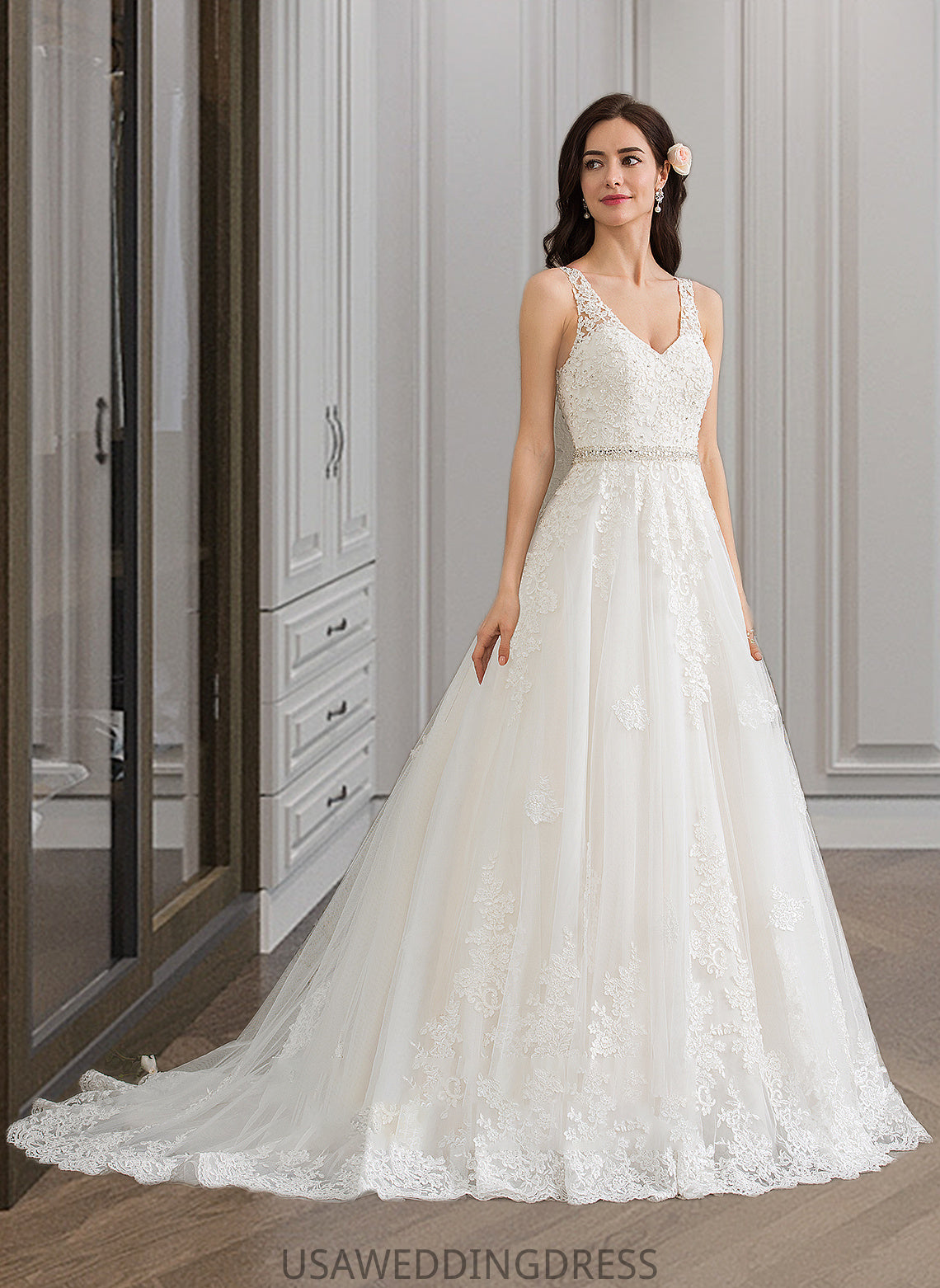 Nina Ball-Gown/Princess V-neck Court Train Tulle Wedding Dress With Beading Sequins DSP0013779