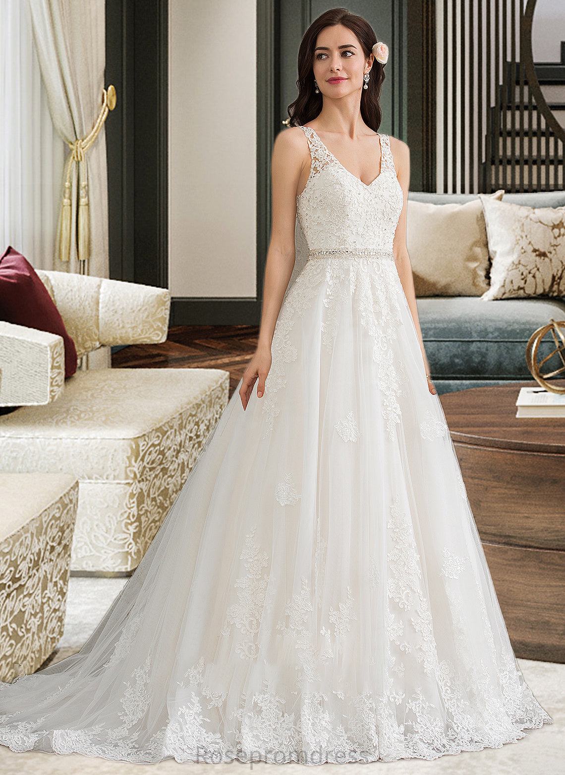 Celeste Ball-Gown/Princess V-neck Court Train Tulle Wedding Dress With Beading Sequins SRSP0013779