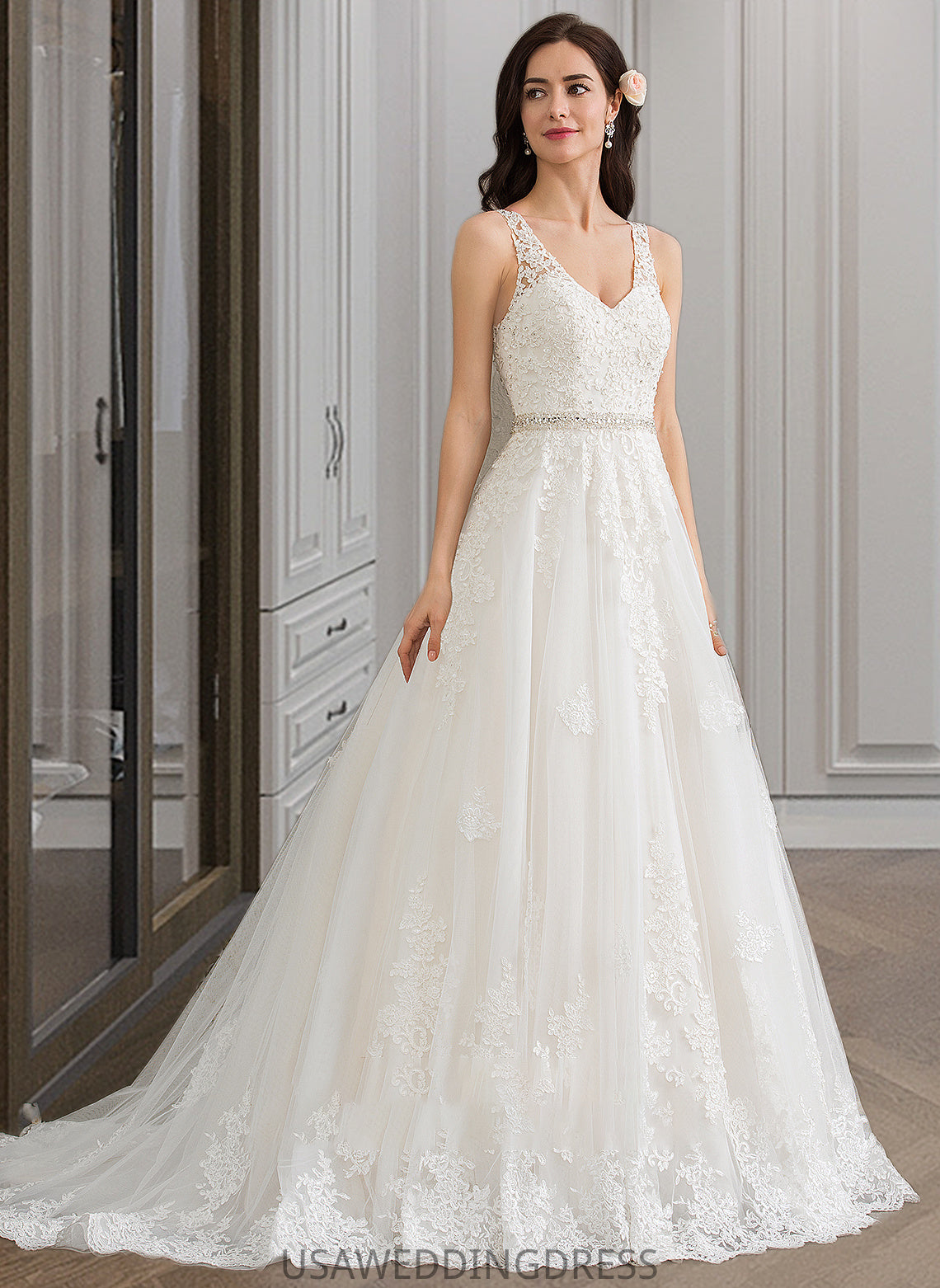 Nina Ball-Gown/Princess V-neck Court Train Tulle Wedding Dress With Beading Sequins DSP0013779