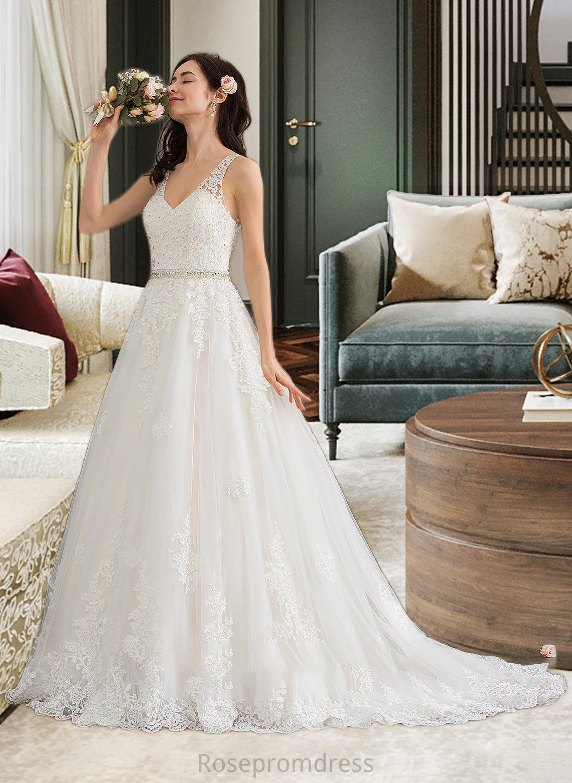 Celeste Ball-Gown/Princess V-neck Court Train Tulle Wedding Dress With Beading Sequins SRSP0013779