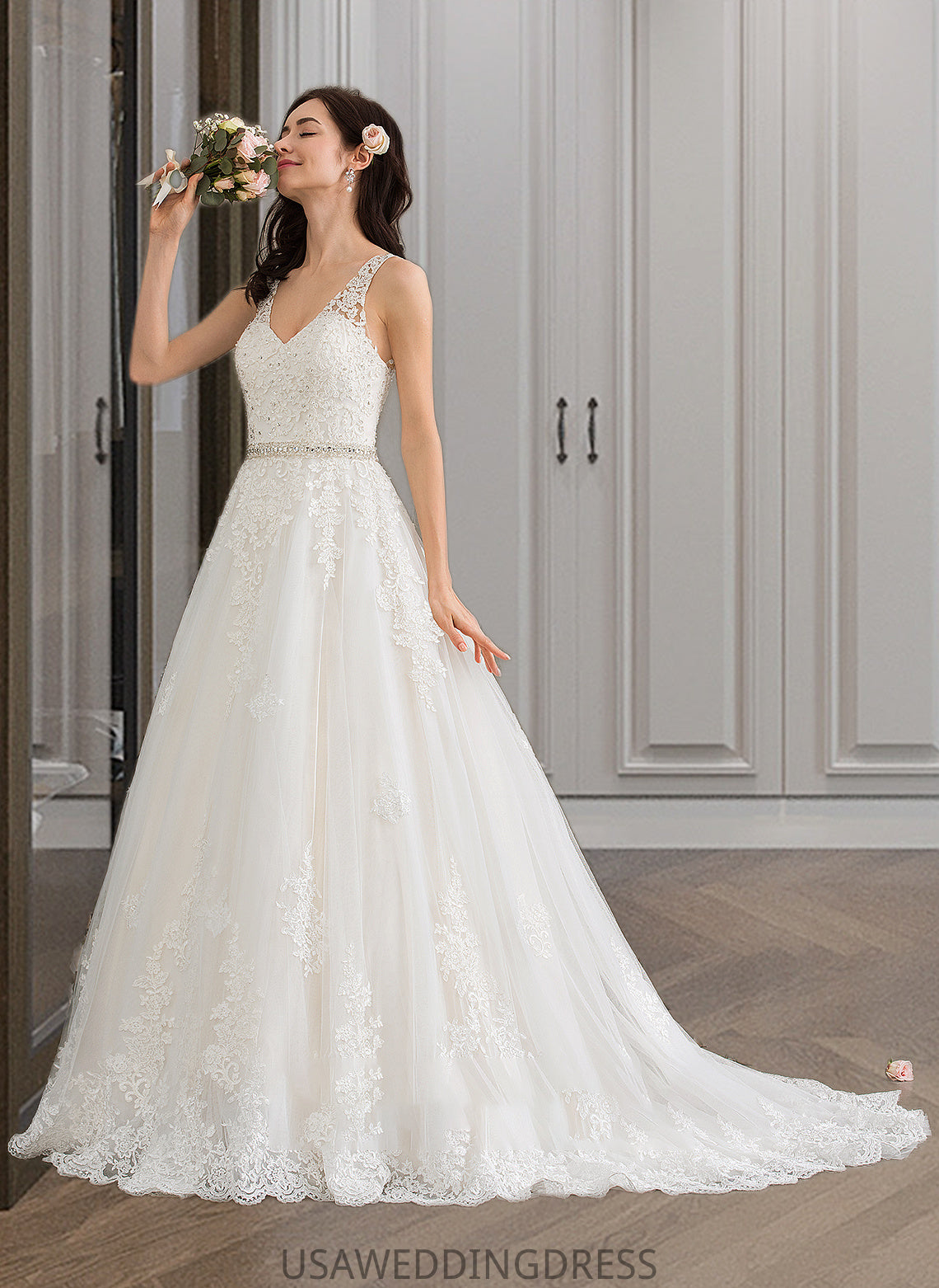 Nina Ball-Gown/Princess V-neck Court Train Tulle Wedding Dress With Beading Sequins DSP0013779