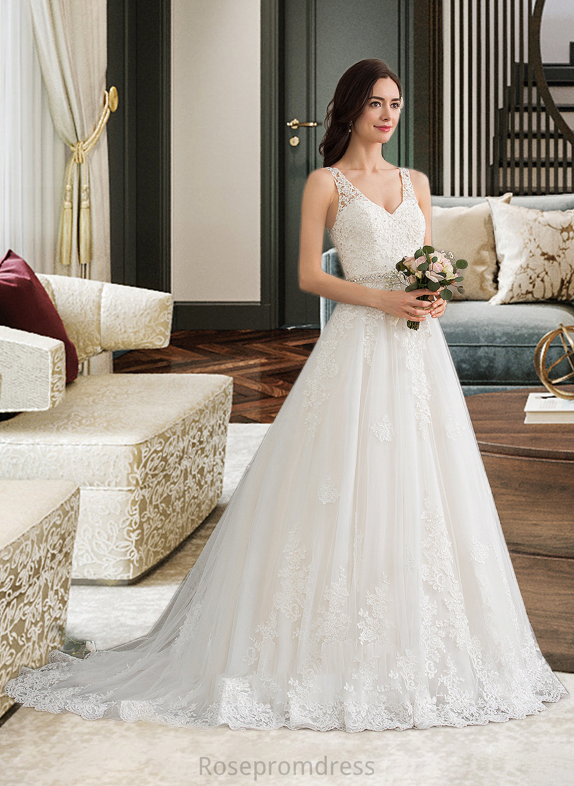 Celeste Ball-Gown/Princess V-neck Court Train Tulle Wedding Dress With Beading Sequins SRSP0013779