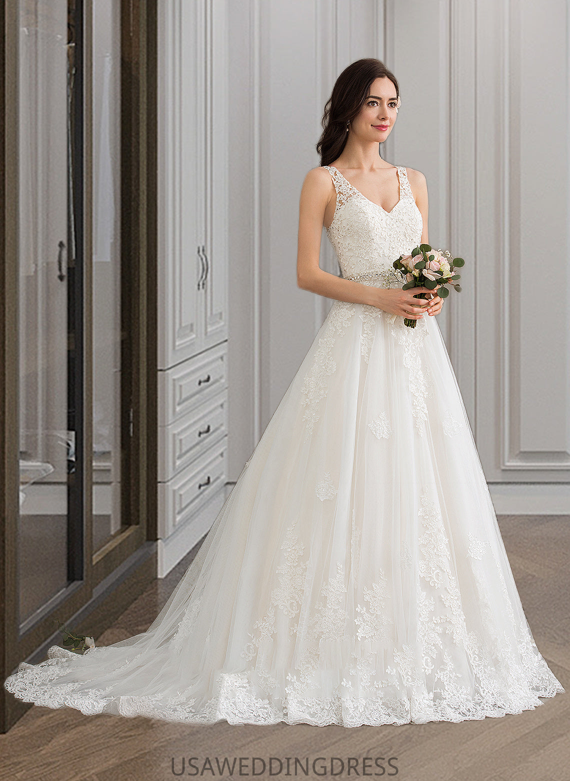 Nina Ball-Gown/Princess V-neck Court Train Tulle Wedding Dress With Beading Sequins DSP0013779