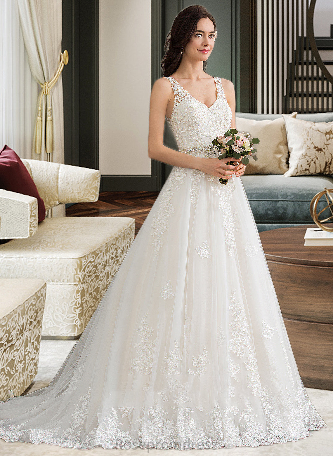 Celeste Ball-Gown/Princess V-neck Court Train Tulle Wedding Dress With Beading Sequins SRSP0013779