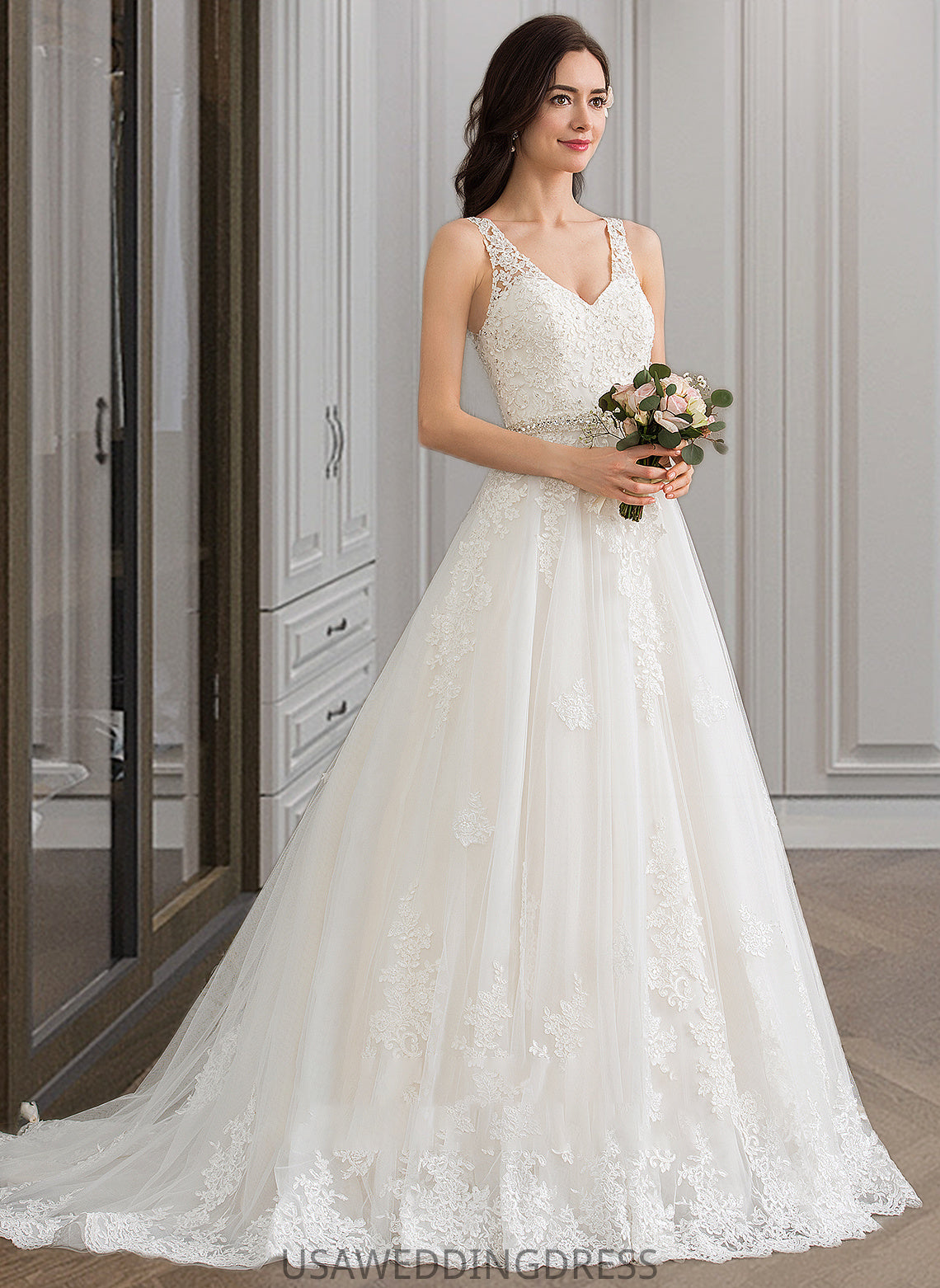 Nina Ball-Gown/Princess V-neck Court Train Tulle Wedding Dress With Beading Sequins DSP0013779