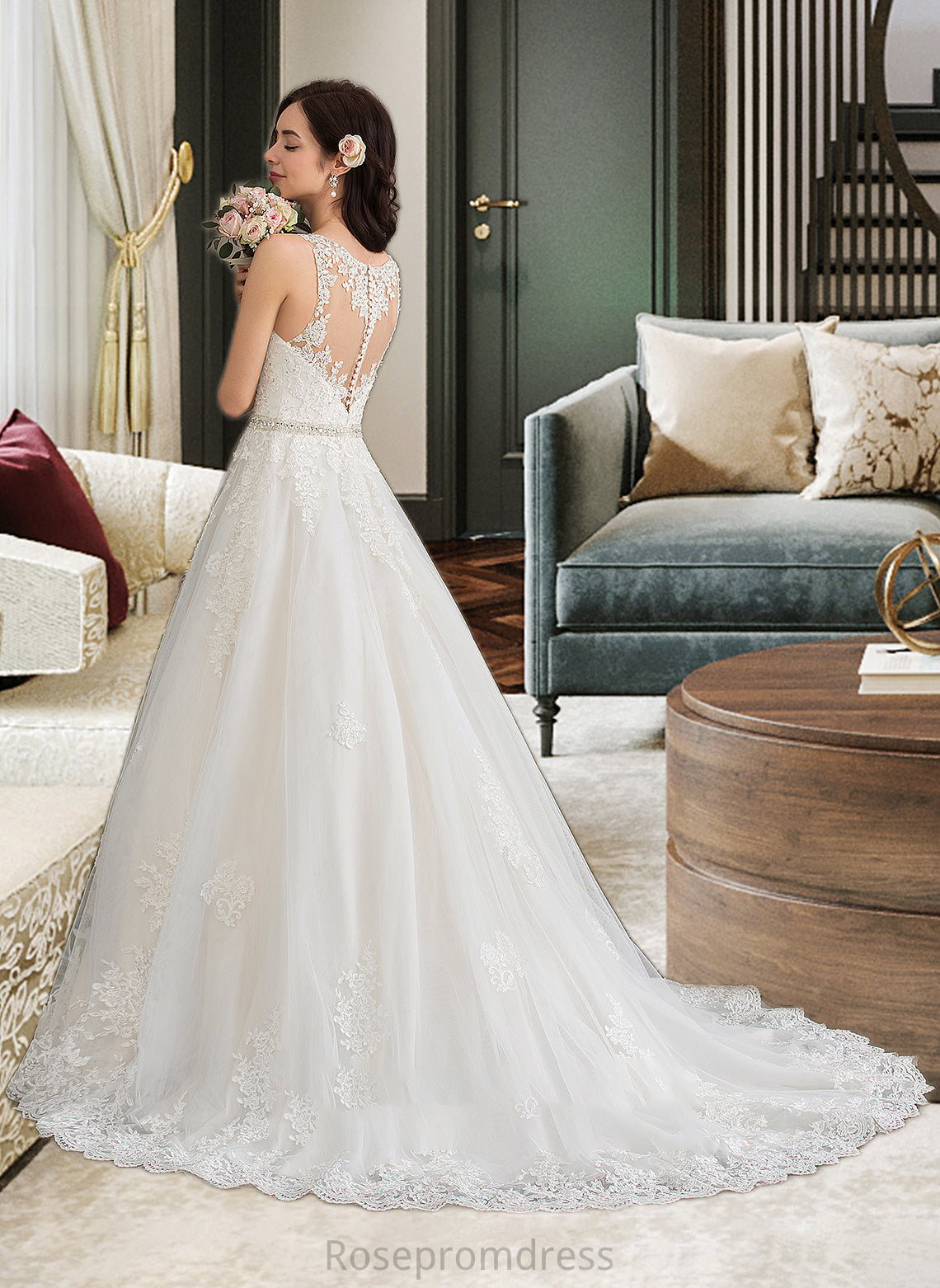 Celeste Ball-Gown/Princess V-neck Court Train Tulle Wedding Dress With Beading Sequins SRSP0013779