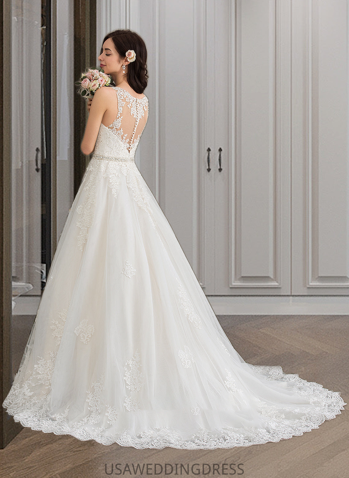 Nina Ball-Gown/Princess V-neck Court Train Tulle Wedding Dress With Beading Sequins DSP0013779