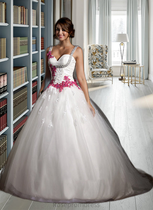 Abby Ball-Gown/Princess Sweetheart Chapel Train Tulle Wedding Dress With Ruffle Appliques Lace Bow(s) SRSP0013780