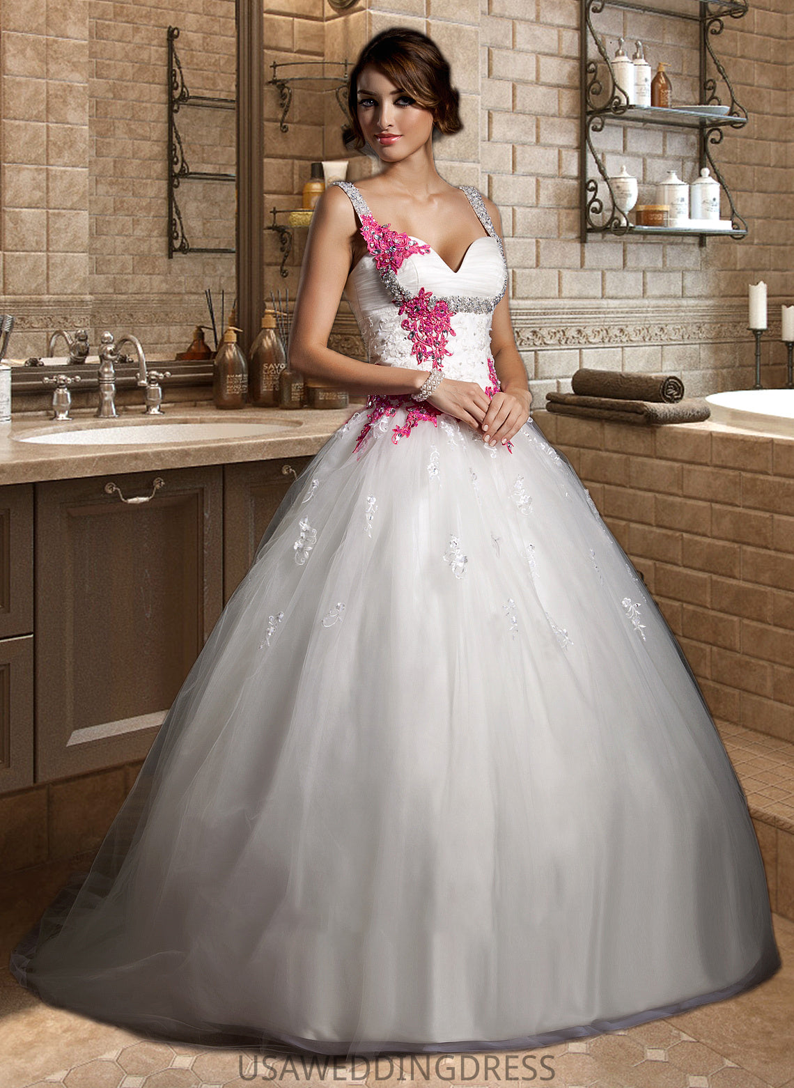 Alani Ball-Gown/Princess Sweetheart Chapel Train Tulle Wedding Dress With Ruffle Appliques Lace Bow(s) DSP0013780