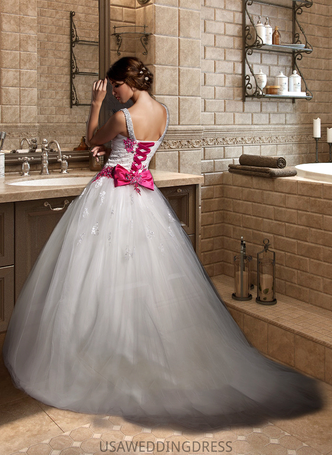 Alani Ball-Gown/Princess Sweetheart Chapel Train Tulle Wedding Dress With Ruffle Appliques Lace Bow(s) DSP0013780