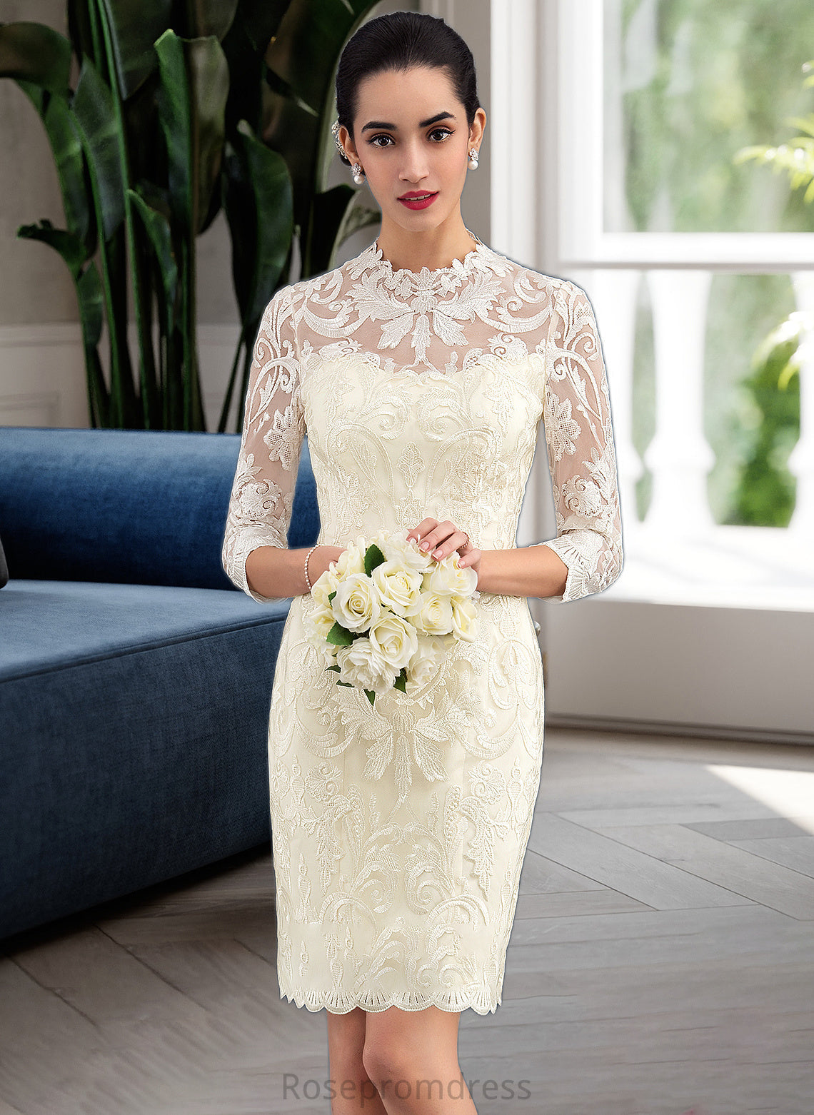 India Sheath/Column High Neck Knee-Length Lace Wedding Dress SRSP0013781