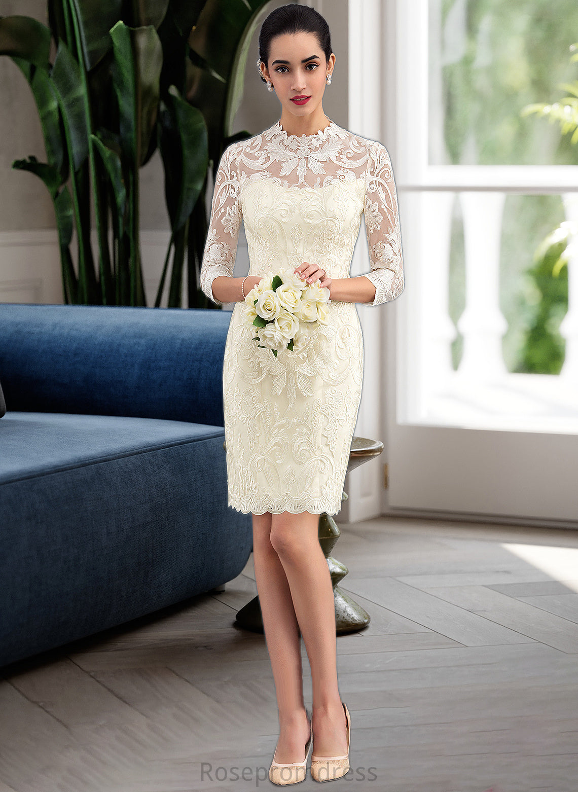 India Sheath/Column High Neck Knee-Length Lace Wedding Dress SRSP0013781