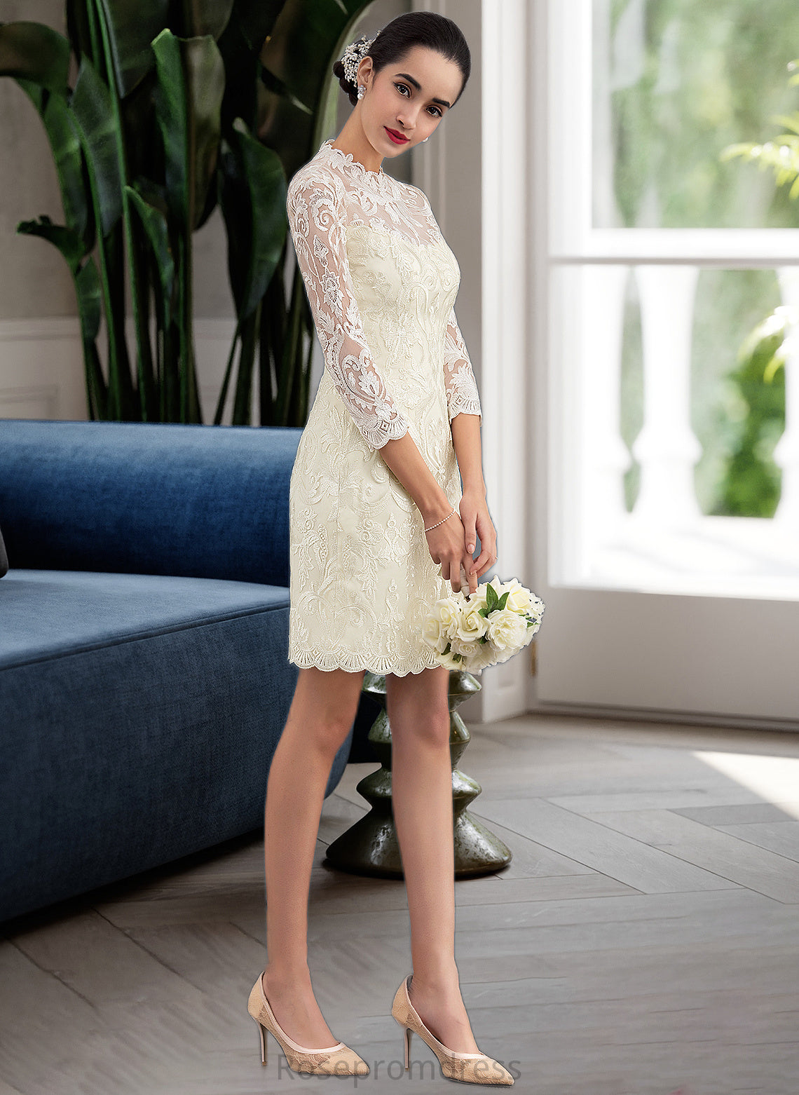 India Sheath/Column High Neck Knee-Length Lace Wedding Dress SRSP0013781