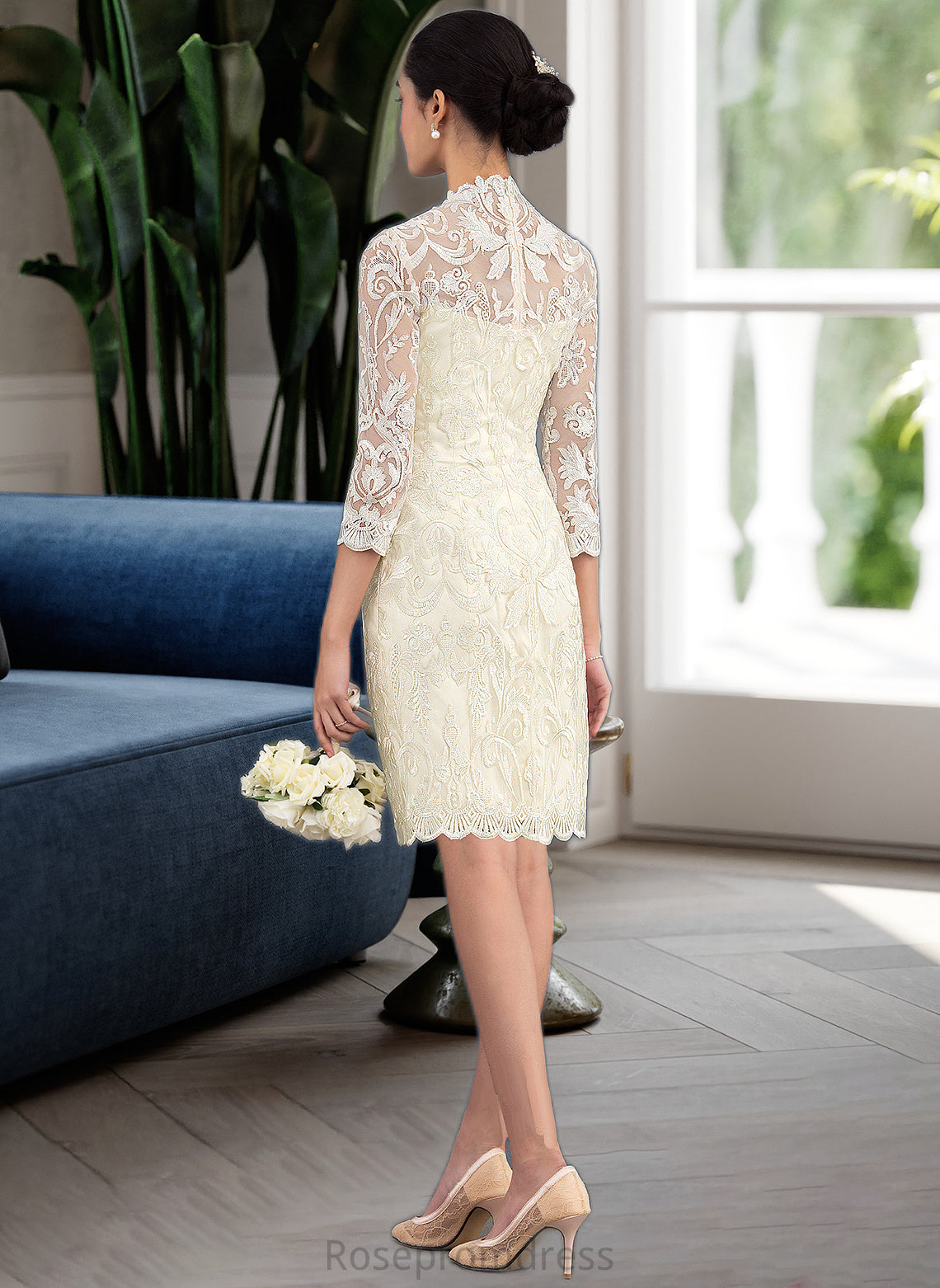 India Sheath/Column High Neck Knee-Length Lace Wedding Dress SRSP0013781