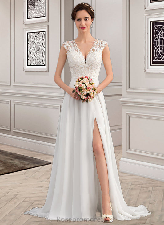 Monica A-Line V-neck Sweep Train Chiffon Wedding Dress With Split Front SRSP0013782