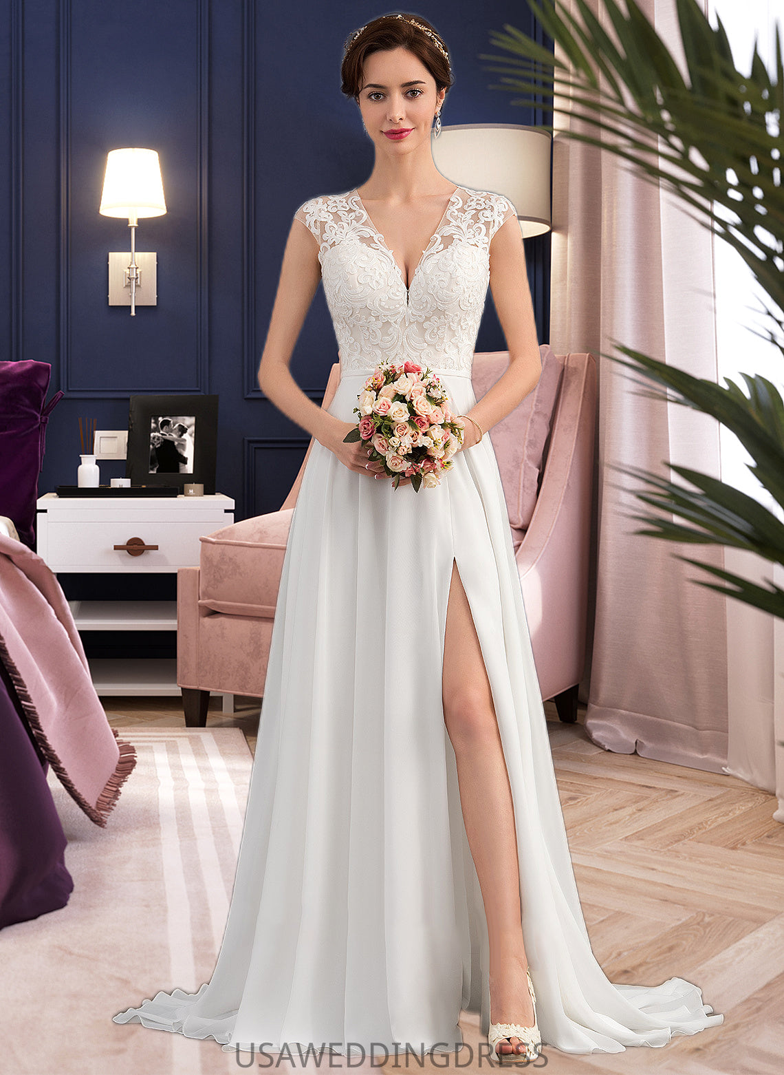 Laci A-Line V-neck Sweep Train Chiffon Wedding Dress With Split Front DSP0013782