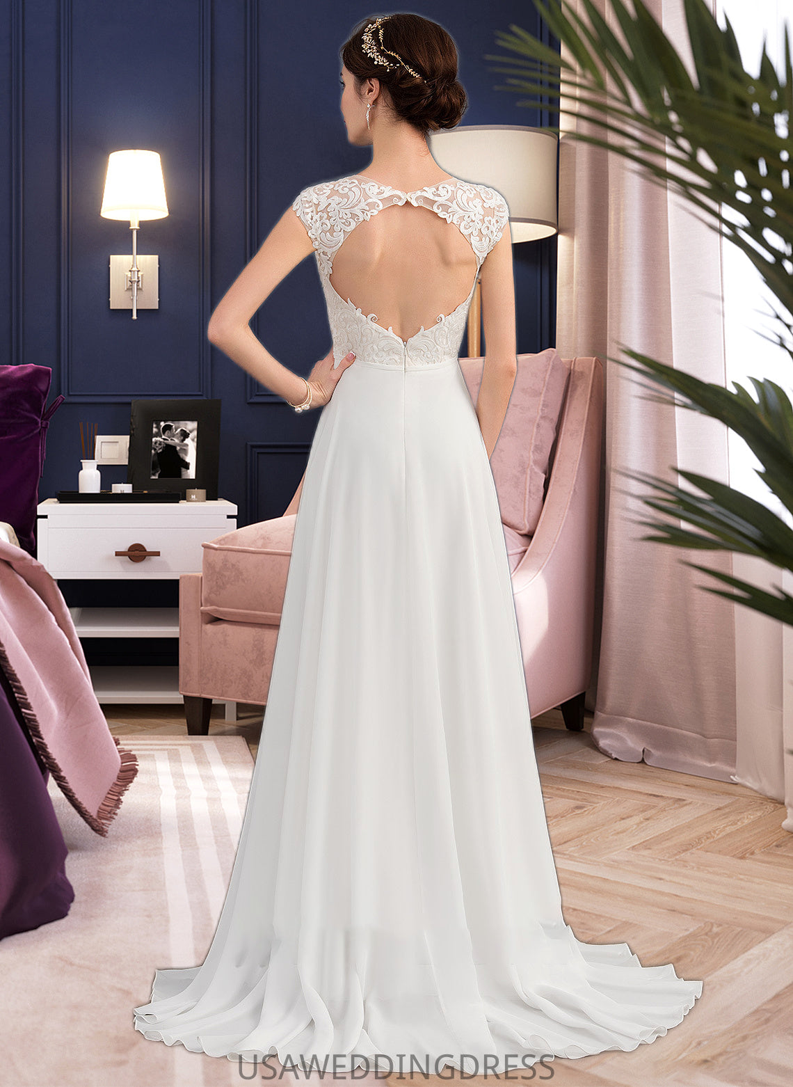 Laci A-Line V-neck Sweep Train Chiffon Wedding Dress With Split Front DSP0013782