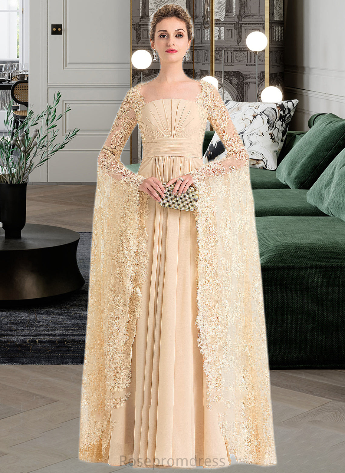 Katie A-Line Square Neckline Floor-Length Chiffon Wedding Dress With Ruffle Beading SRSP0013783