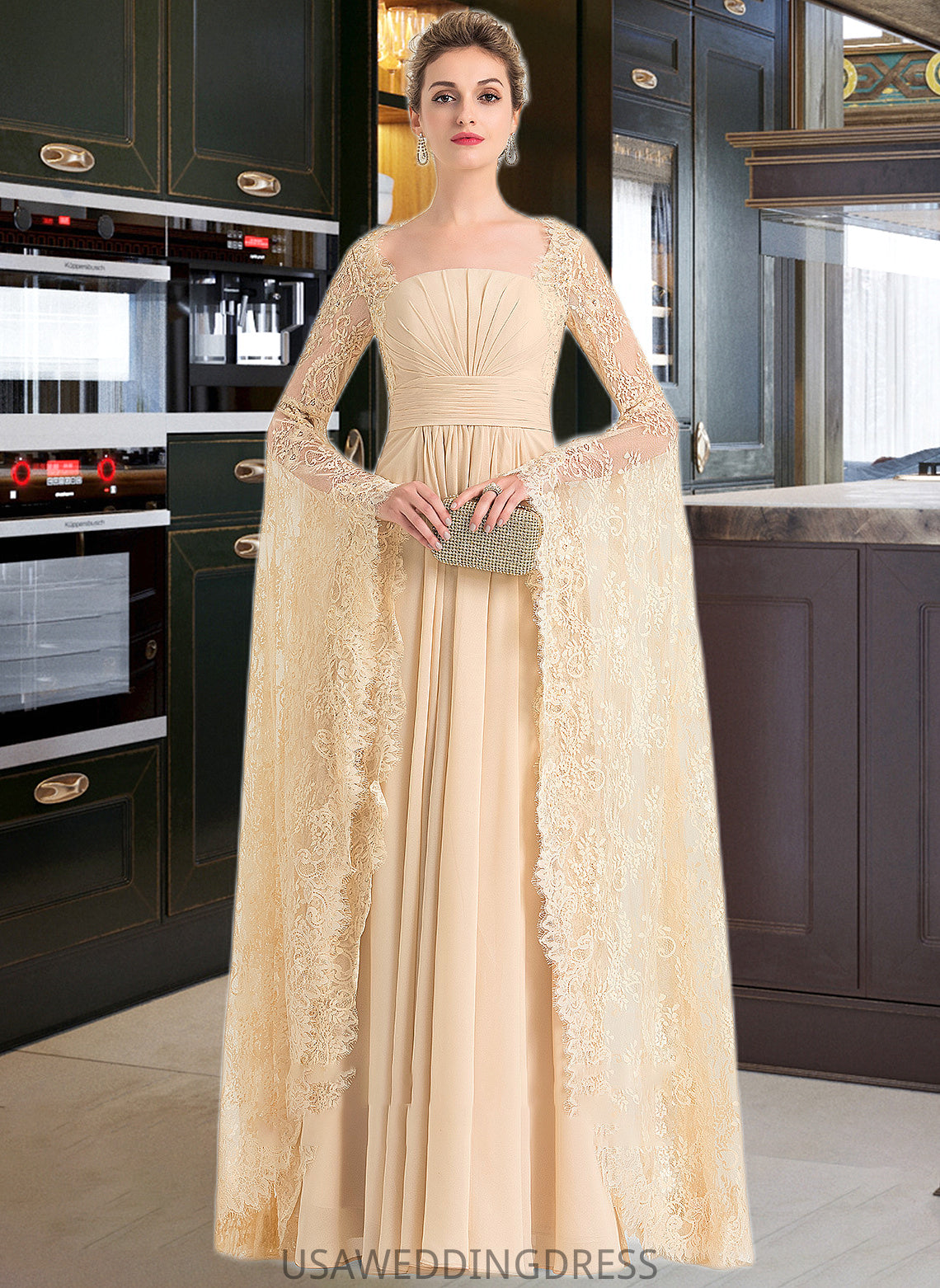 Aimee A-Line Square Neckline Floor-Length Chiffon Wedding Dress With Ruffle Beading DSP0013783